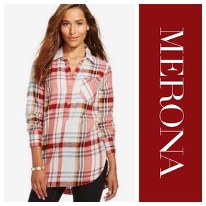 Merona White & Pink Plaid Flannel Popover